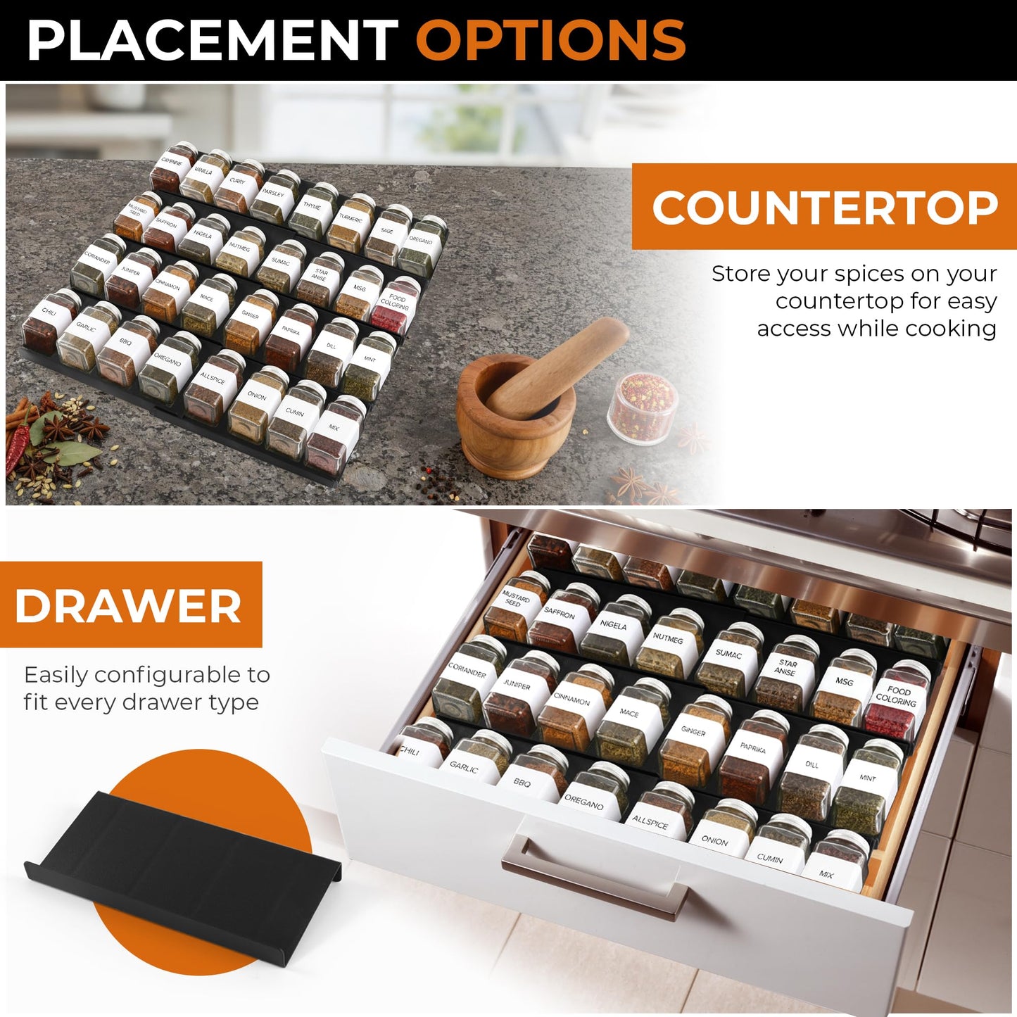 ALCOVA Expandable Spice Drawer Organizer - Adjustable 4 Tier Drawer Spice Organizer Tray Insert for Efficient Spice Organization in Drawer