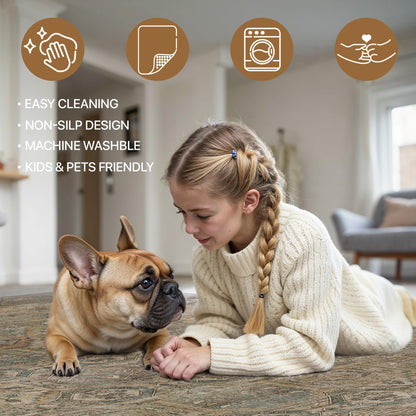 Bavni 2x5 Runner Rugs for Hallways Kitchen Entryway, Washable Runner Rug Vintage Distressed Print Carpet, Ultra-Thin Chenille Low Pile Lightweight Rug with Non Slip Backing, Sepia