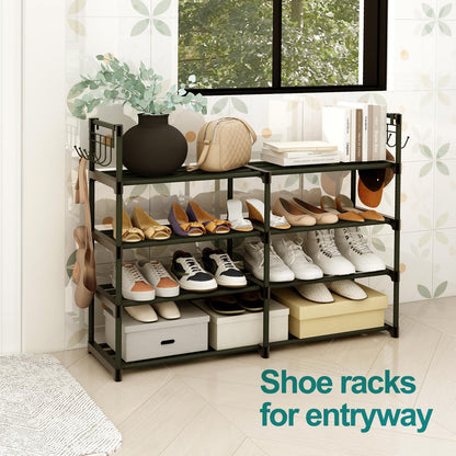4-Tier Shoe Rack, Black Metal Shoe Racks, Stackable Shoe Shelf with Multifunctional Hooks, Hold 20 Pairs, Space Saving Shoe Rack, Shoes Rack for Closet,Show Rack