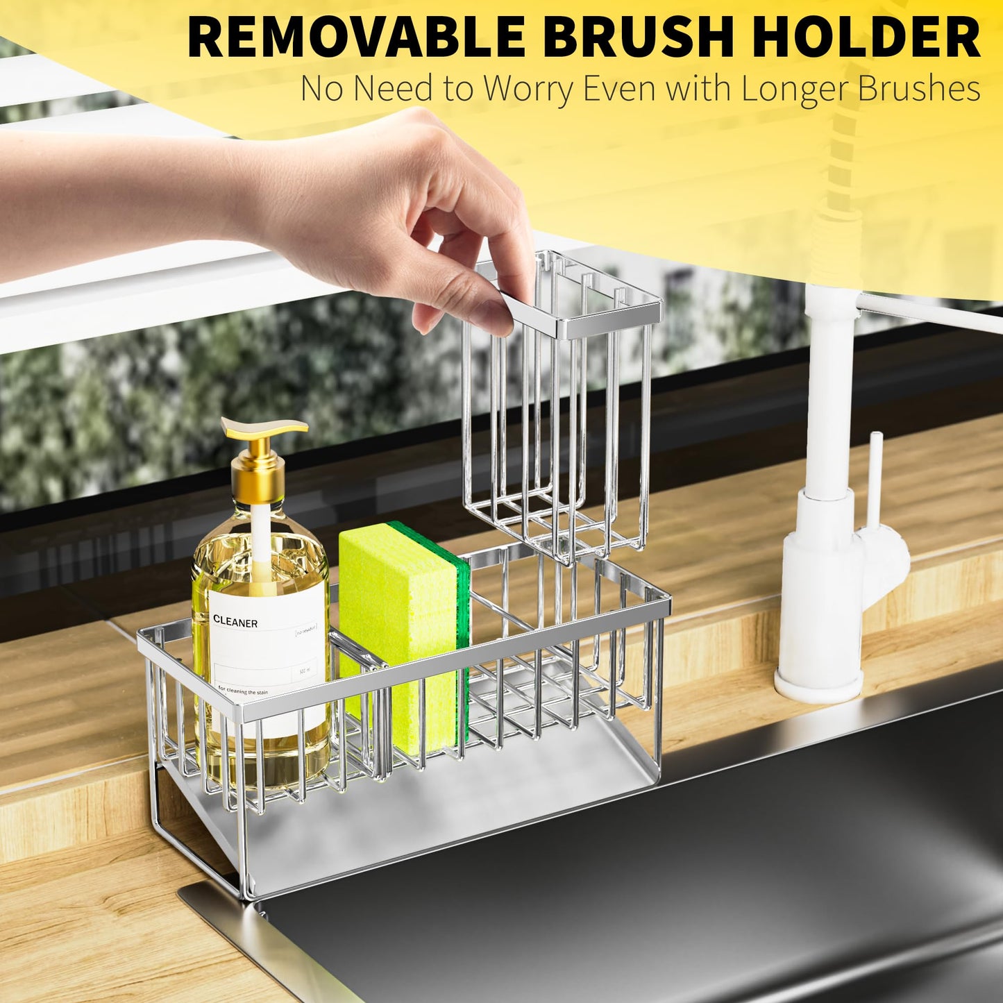 Cisily Kitchen Sink Caddy, Sponge Holder for Kitchen Sink, Kitchen Sink Organzier and Storage with High Brush Holder, Rustproof 304 Stainless Kitchen Gadgets Sink Accessories(Stainless Steel)