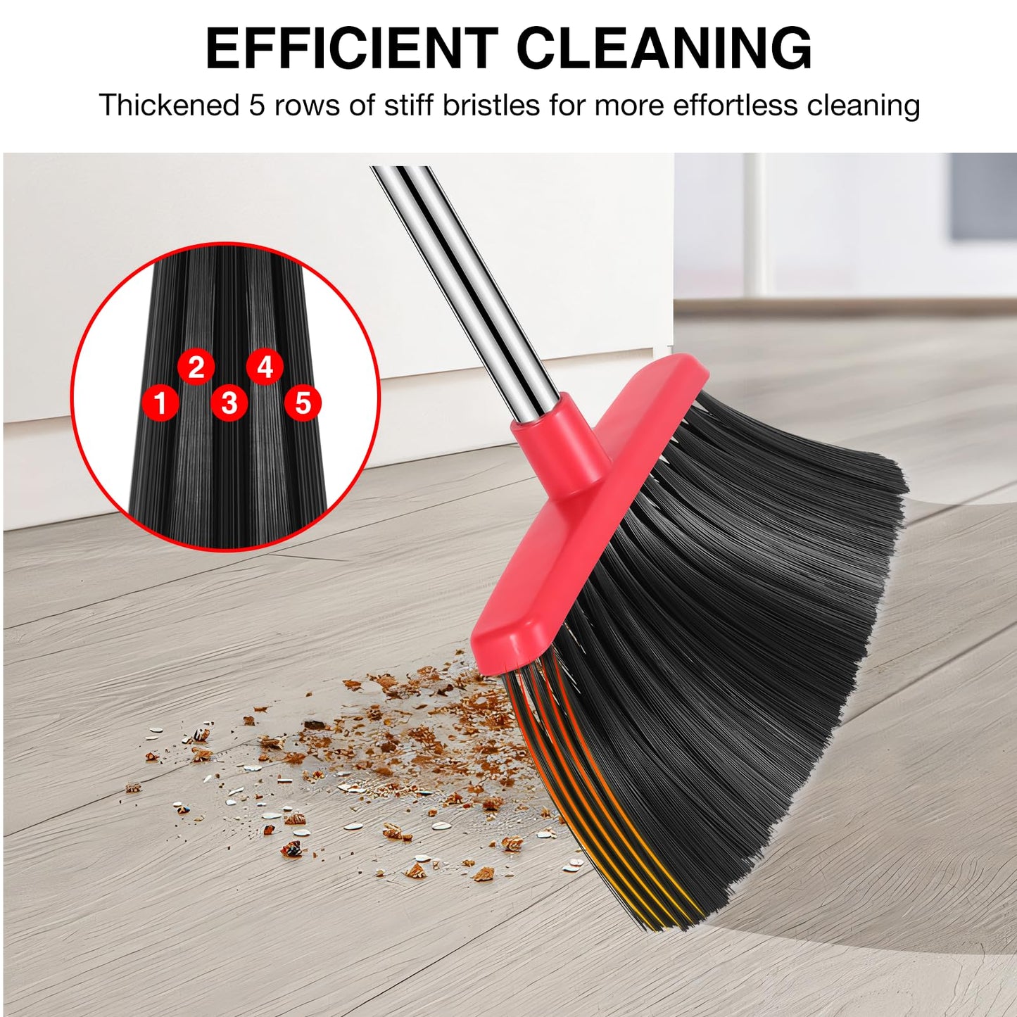Broom and Dustpan Set, 52-in Long Adjustable Handle Broom Dustpan Combo with Dustpan Teeth to Automatically Clean Hair Suitable for Home Kitchen Office Hall Floor（Black&Red）