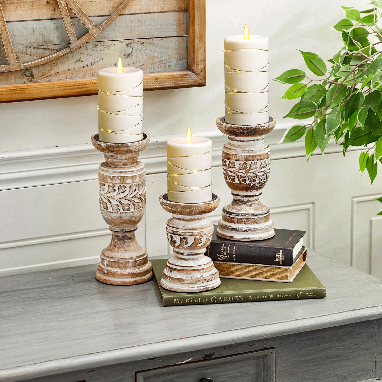 3 Pack Ivory Flameless Taper Candles, Upgraded Realistic Flame Wick LED Candles with Surrounding Copper String Lights, Remote Control Battery Operated Flickering Candles for Home Wedding Holiday Decor