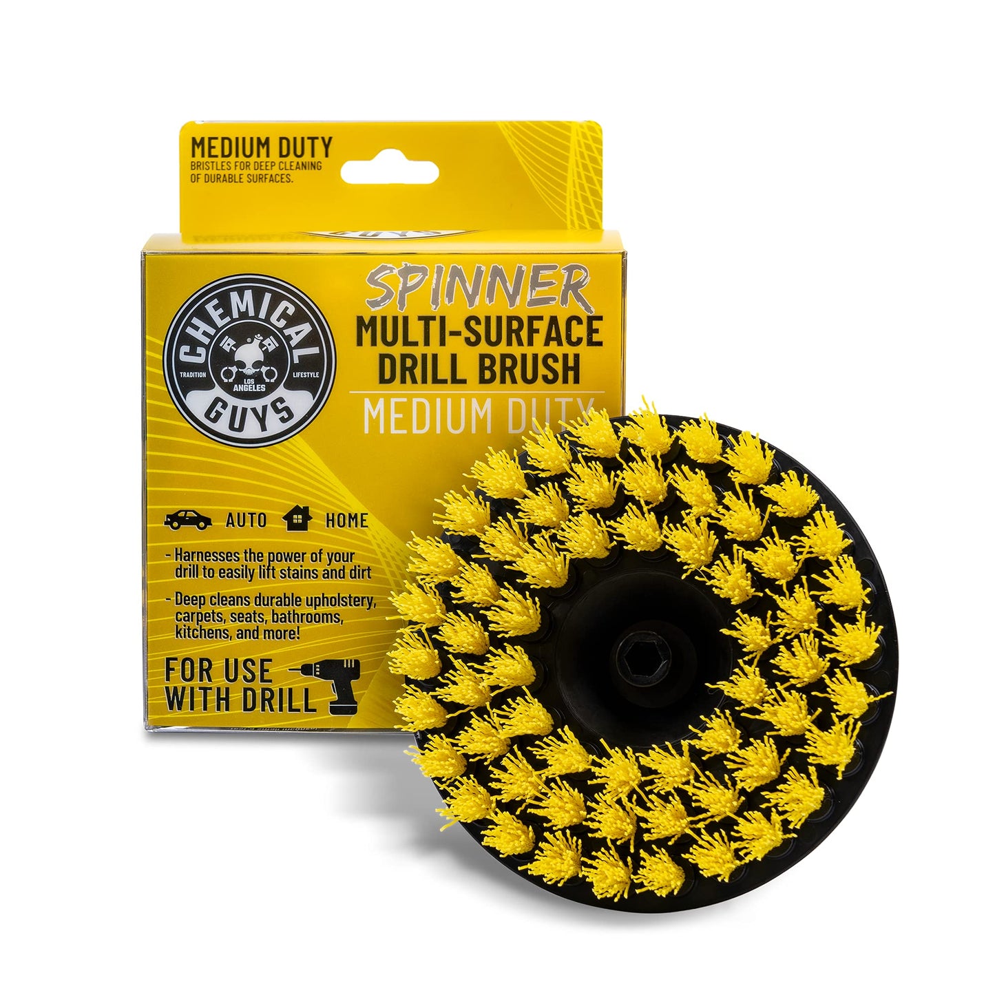 Chemical Guys Medium Duty Spinner Multi-Surface Drill Brush Attachment (Fits Any Standard Drill - Power Scrubber Removes Stains & Cleans Floor Mats, Upholstery & Carpets), Yellow
