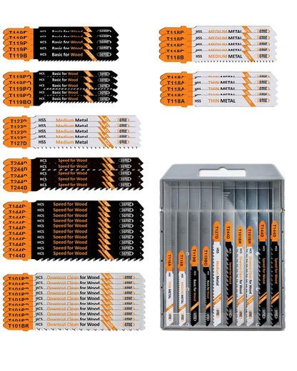 50PCS T Shank Jigsaw Blades Set - BGTEC HCS/HSS Jig Saw Blades for Wood, Plastic and Metal Cutting(T119B*5-T119BO*5-T101BR*10-T144D*10-T244D*5)