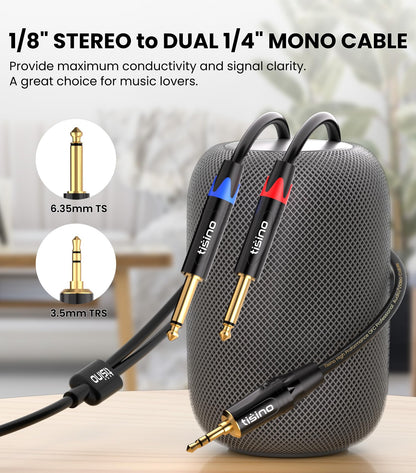TISINO 1/8 to 1/4 Stereo Cable, 1/8 Inch TRS Stereo to Dual 1/4 inch TS Mono Y-Splitter Cable 3.5mm Aux Mini Jack to Jack Breakout Cord for Smartphone, CD Player, Speakers, Amplifiers - 10 feet