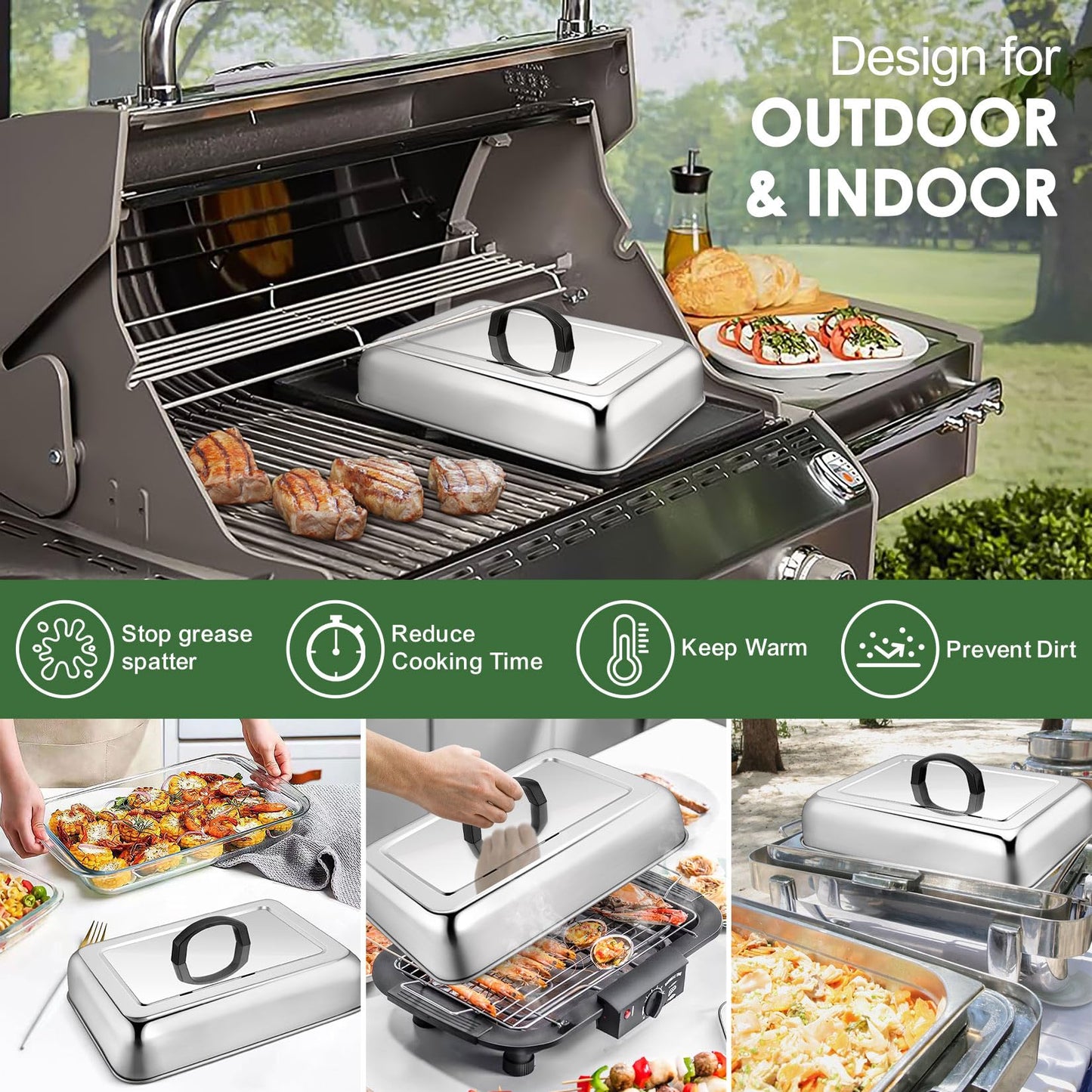 1Piece 13 x 9.8 Basting Cover for Griddle, Joyfair Rectangular Cheese Melting Dome, Stainless Steel Melt Lid for Outdoor Flat Top Grill, Heat-Resistant Handle & Dishwasher Safe (No Vent)