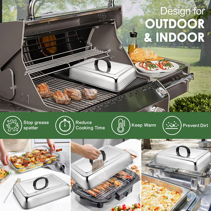 1Piece 13 x 9.8 Basting Cover for Griddle, Joyfair Rectangular Cheese Melting Dome, Stainless Steel Melt Lid for Outdoor Flat Top Grill, Heat-Resistant Handle & Dishwasher Safe (No Vent)