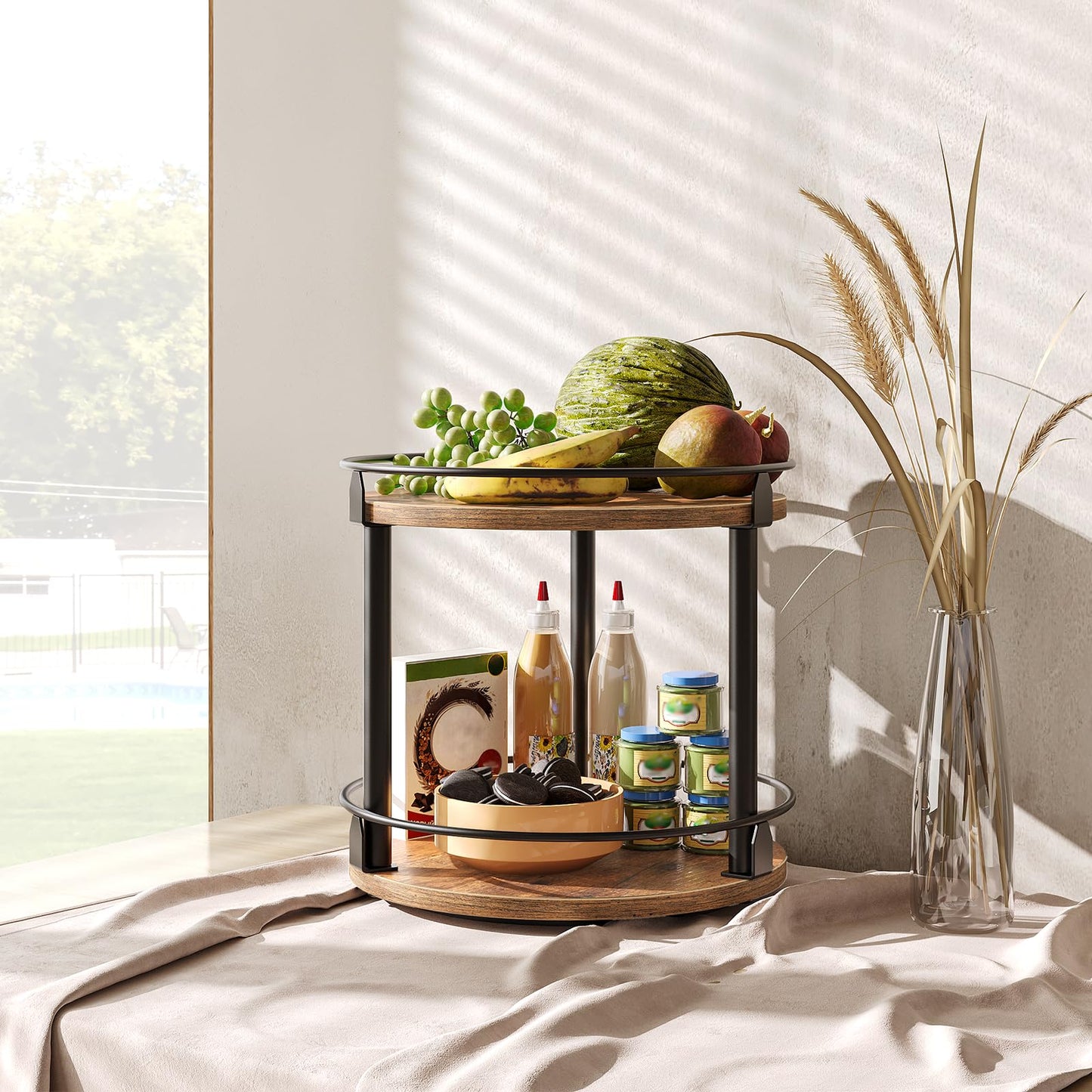 YATINEY Spice Rack, Rotating Spice Organizer for Cupboard, 2 Tier Lazy Susan Turntable, Industrial Countertop Organizer, for Kitchen and Cabinet, Compact and Versatile, Rustic Brown and Black SR22BR