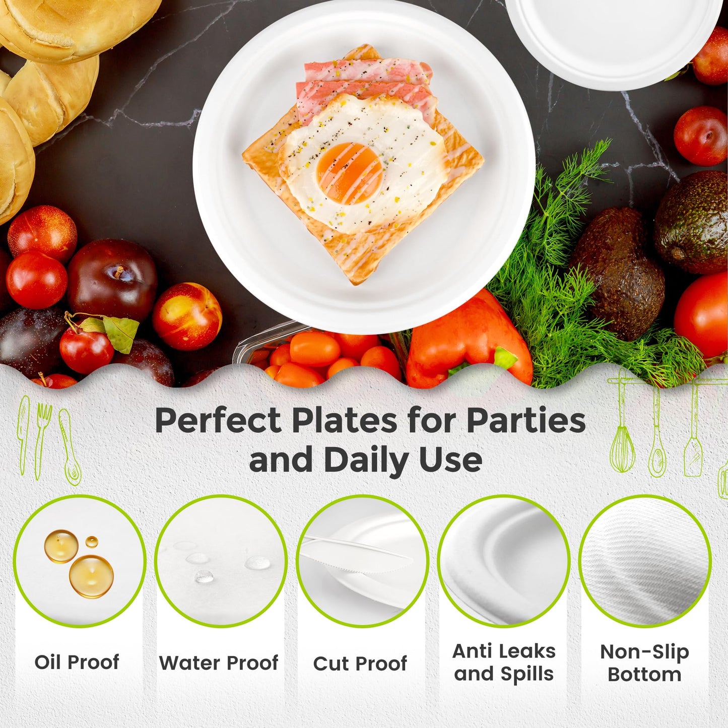 XH.Easy Go 9 Inch Paper Plates 100% Compostable Plates Heavy-Duty Disposable Plates Bulk [125 Pack], Made of Natural Sugarcane Fibers, Eco-Friendly Biodegradable 9" White Dinner Plates