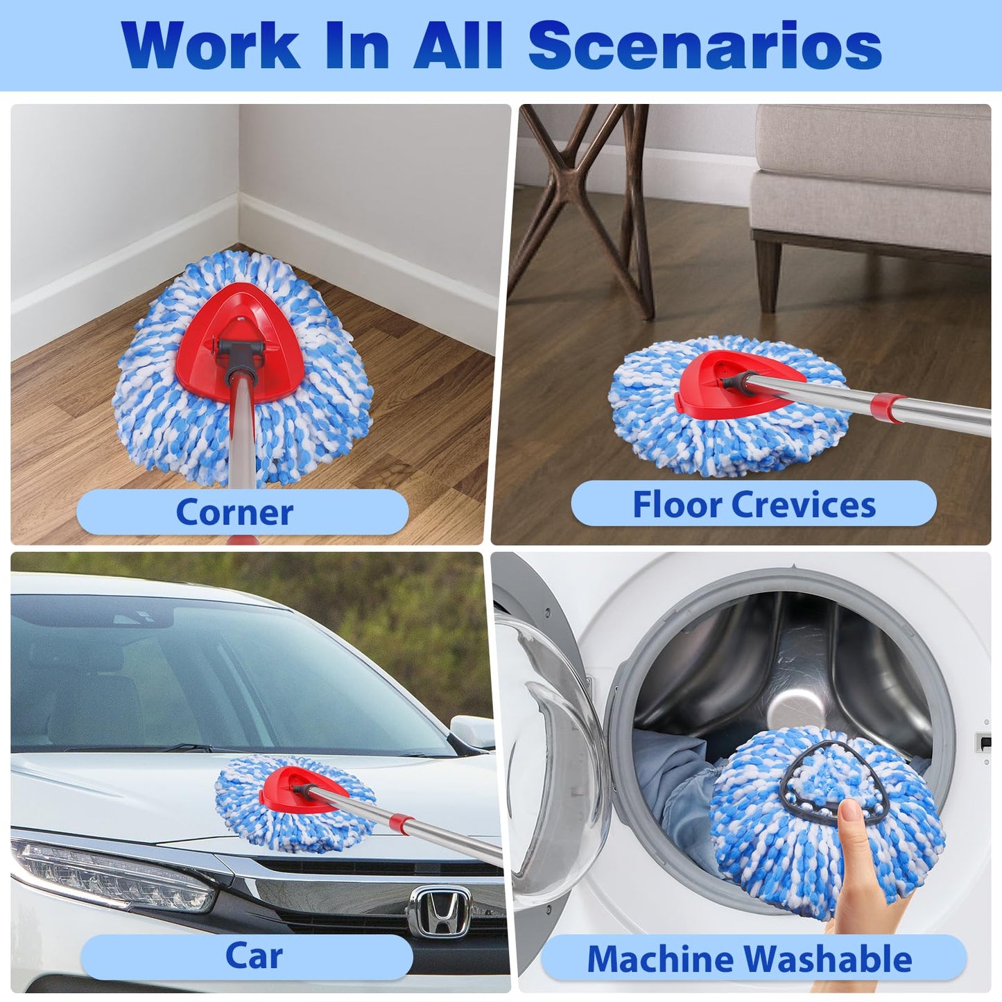 4-Pack Microfiber Spin Mop Head Replacements - Compatible with Oceda RinseClean 2-Tank System,Comes with 1 Mop Scrub Brush, 1 Mop Base & 4 Cleaning Floor Mop Heads Blue