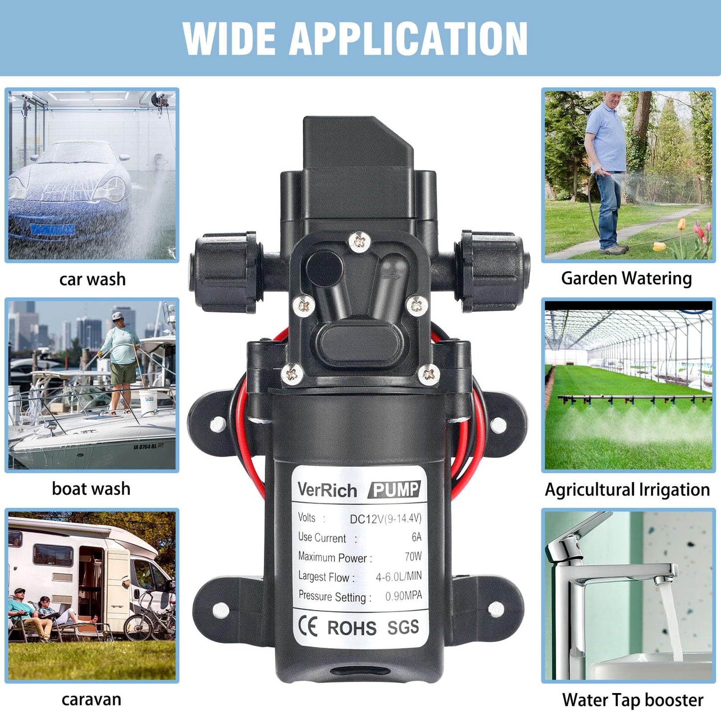VerRich 12V Water Pump 70W 6A Diaphragm Pump Intelligent Self Priming Sprayer Pump 6 L/Min 0.9MPA 131 PSI for RV Camper Marine Boat Garden