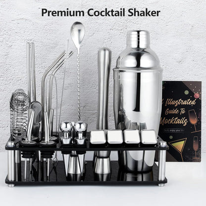 Cocktail Shaker Set, 25-Piece Stainless Steel Bartender Kit with Acrylic Stand & Cocktail Recipes Booklet, Professional Bar Tools for Bar Accessories, Drink Mixing, Home, Party