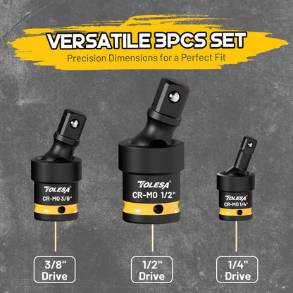 TOLESA Swivel Socket Set, Impact Universal Joint-Socket Swivel Set, 1/2", 3/8", 1/4" Flexible Socket Swivel Set Premium CR-MO Steel U Joint Adapter Wobble