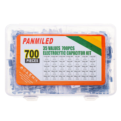 PANMILED 35 Values 700 Pieces Aluminum Electrolytic Capacitor Assortment Kit 0.1uF-1000uF 10V 16V 25V 50V Direct Insertion Aluminum Electrolytic Capacitor Series