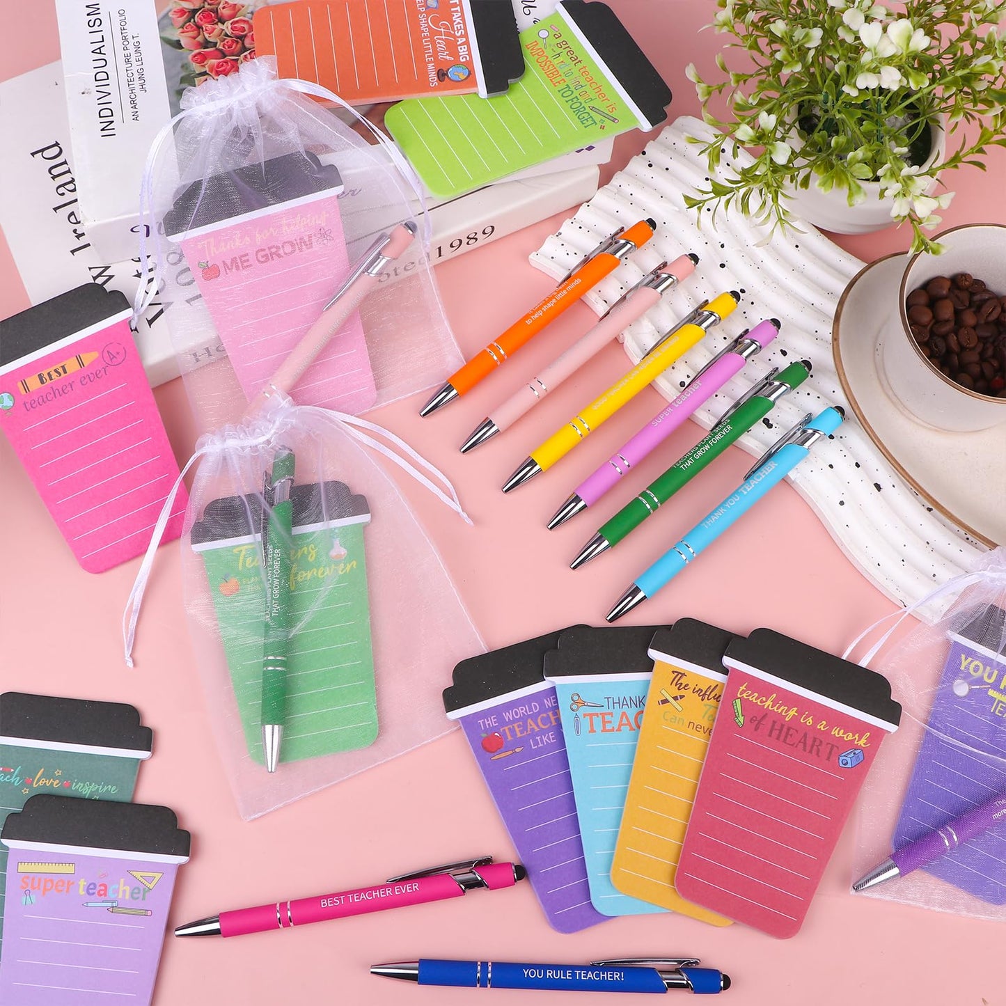 Youdaju 36 Pcs Thank You Coffee Cup Notepads Teacher Inspirational Sticky Notes Motivational Sticky Notes Writing Memo Pad with Pen Organza Bag for Teacher Team Staff Employee Appreciation Gift