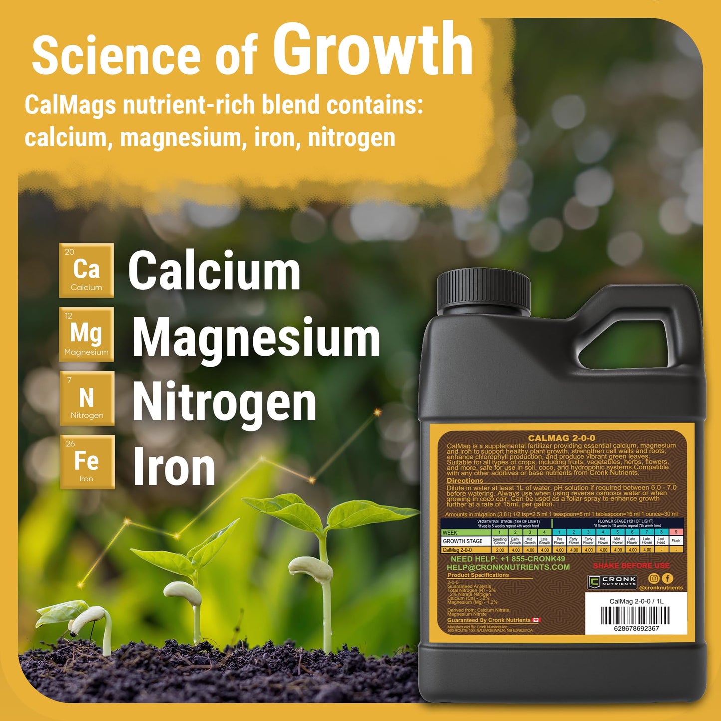 Cronk Nutrients CalMag 2-0-0 - Calcium, Magnesium and Iron Plant Fertilizer – Compatible with Soil, Soilless and Hydroponic Garden – Correct Common Deficiencies for Indoor & Outdoor Plants - 1L
