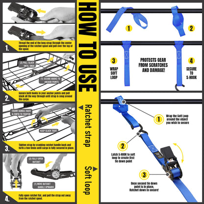 Stay There Ratchet Tie Down Straps 1'' x15', Ratchet Straps with S Hook - 1760lb Break Strength for Securing Motorcycle, Kayak, Truck with Rubber Handles, A Sturdy Bonus Bag & 4 Soft Loops Included