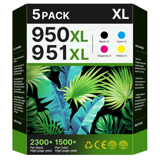 950XL 951XL Ink Cartridges Combo Pack 5 Pack for HP Printer Ink 950 951 XL to use with OfficeJet Pro 8600, 8610, 8100, 8620, 8630, Printer (2 Black| Cyan| Magenta| Yellow)