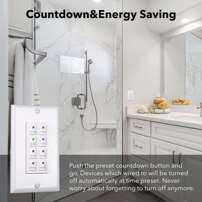 BN-LINK Countdown Digital Wall Timer Switch for Exhaust Fan with Push Button 5-10-20-30-45-60mins, Bathroom Fan Light Switch Timer Indoor, Neutral Required, Wall Plate Included, White