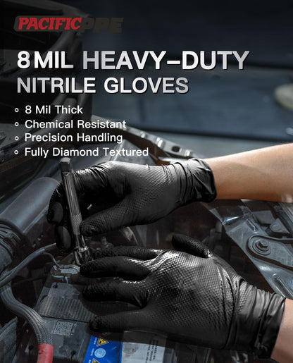 PACIFIC 8 Mil Heavy Duty Black Nitrile Gloves, Food Safe, Latex Free, Mechanic, Fully-Diamond Textured Grip Industrial Disposable Gloves, X-Large