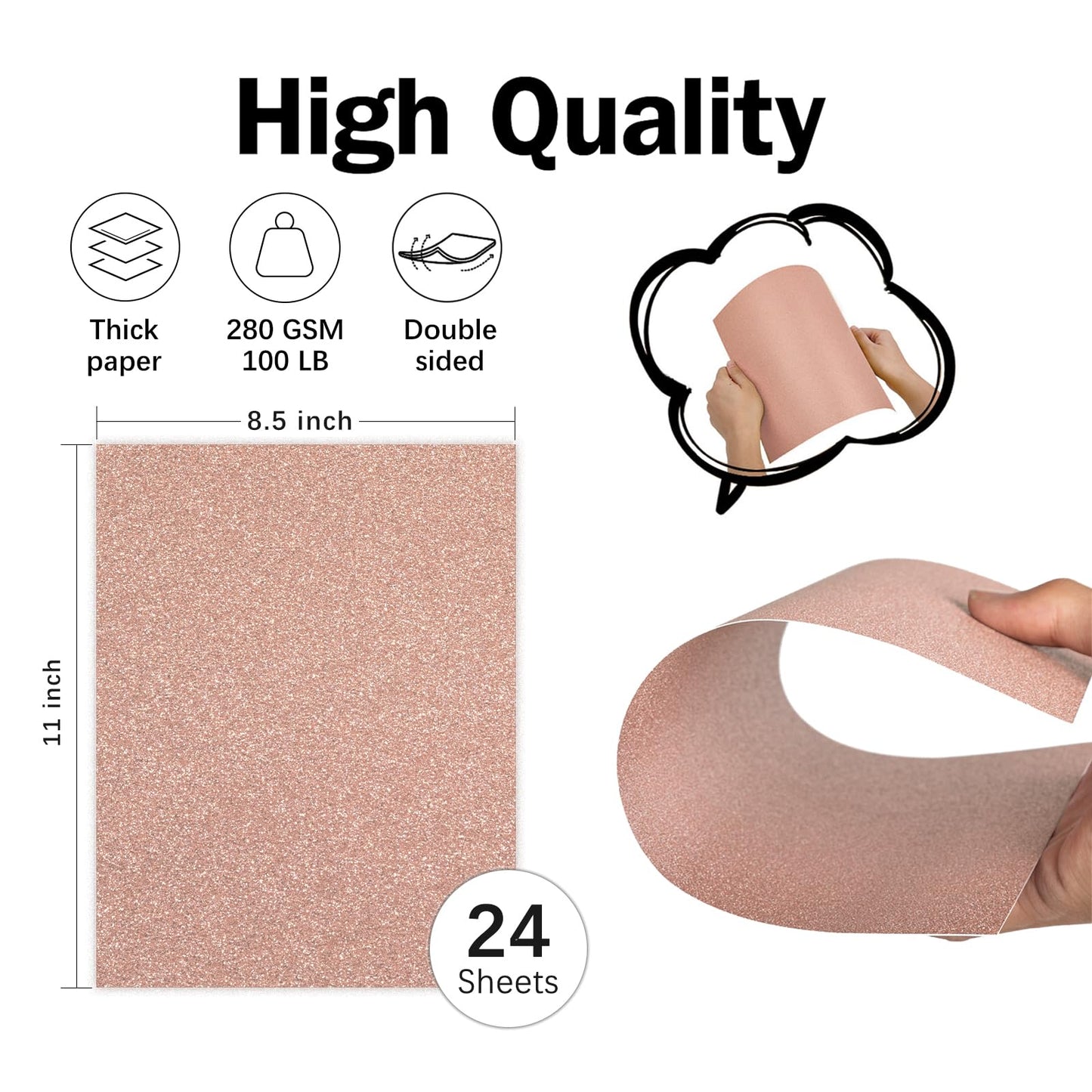 Rose Gold Glitter Cardstock 8.5x11 Double-Sided 24 Sheets, Goefun Gold No-Shed Glitter Paper 280GSM/100lb Pink Card Stock for Craft, Art, Invitation, Graduation, Wedding Party