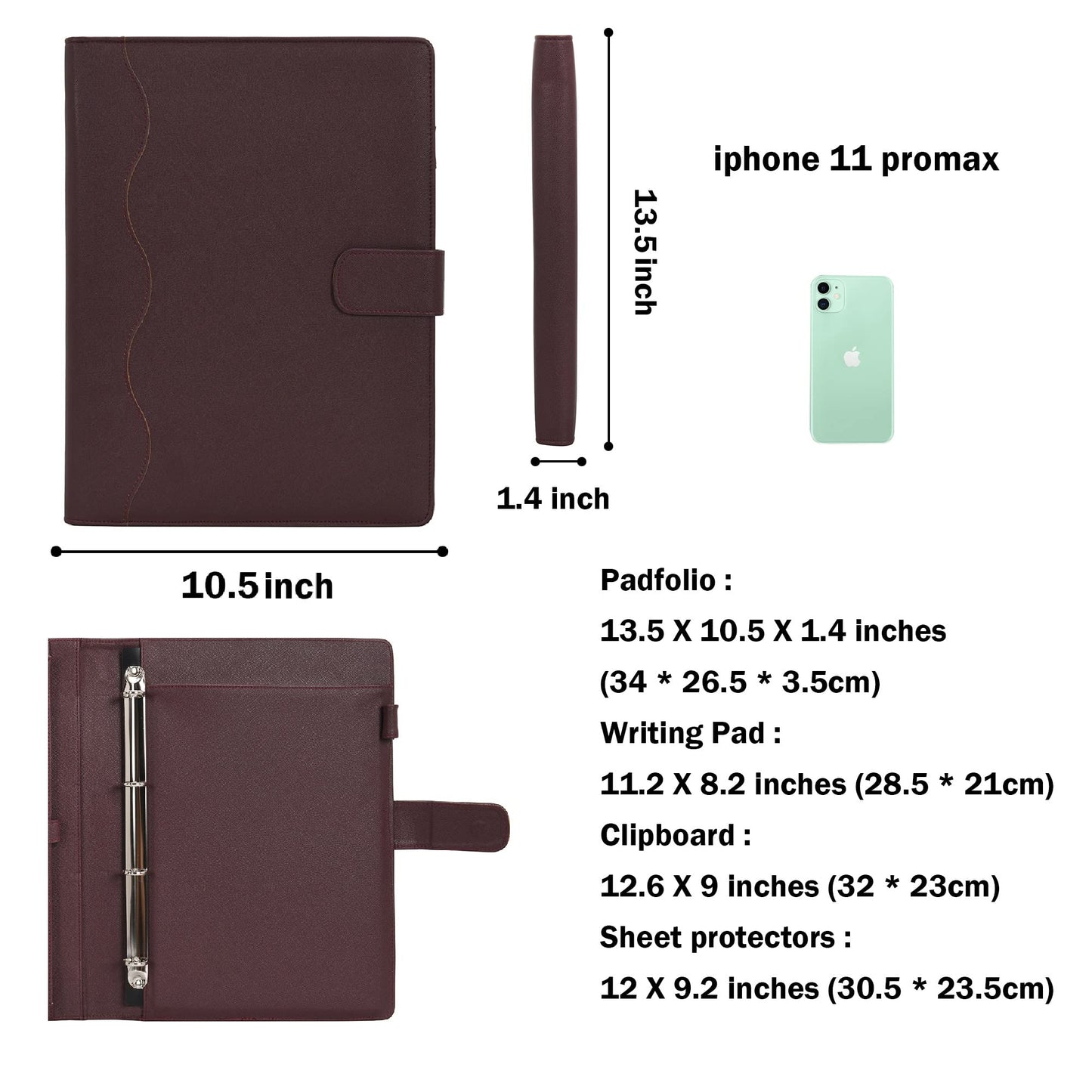 Wonderpool A4 Leather 4 Ring Holder Writing Portfolio Multi Document Case with Removable Binder Clipboard and Functional Pocket for Organizer Office Travel School (Brown)