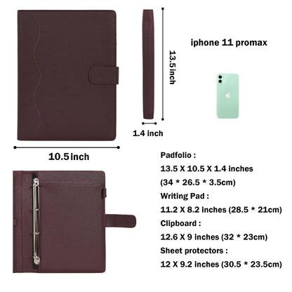 Wonderpool A4 Leather 4 Ring Holder Writing Portfolio Multi Document Case with Removable Binder Clipboard and Functional Pocket for Organizer Office Travel School (Brown)