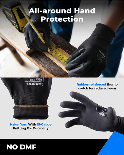 toolant Work Gloves MicroFoam Nitrile Coated, Breathable Nylon Safety Gloves with Stretchy Fit, Firm Grip & Touch-Screen Compatible, Ideal for Gardening, Automotive, Warehouse, Black (L, 6 Pairs)