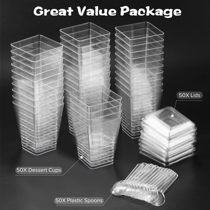 WEST STORY 50 Packs 5oz Clear Dessert Cups with Lids and Spoons, Single Serving Parfait Cups with Lids for Party Appertizer, Finger Food, Pudding, Yogurt, Parfait, Mousse