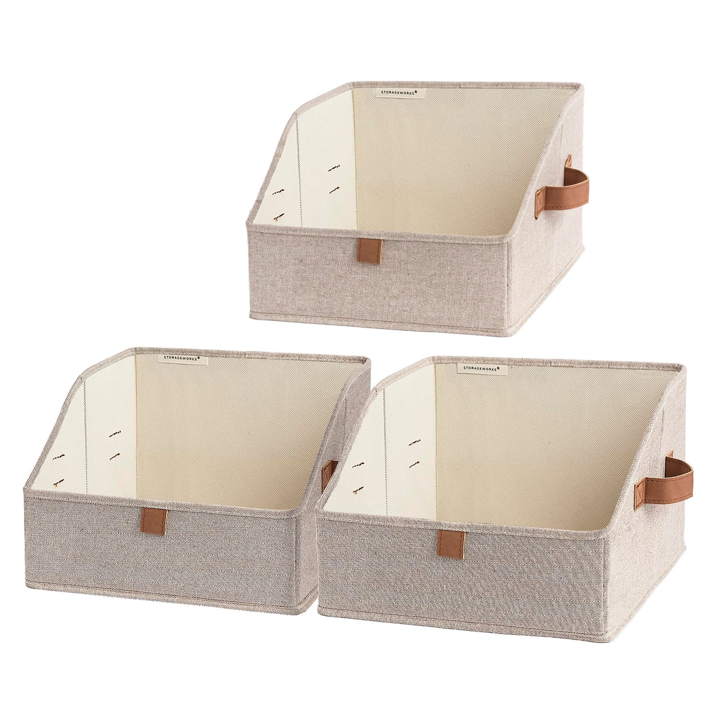 StorageWorks Closet Storage Bins, Trapezoid Organizer Box for Shelves, Fabric Clothes Bin, Foldable Organizing Baskets with Handles, Small, Brown and Beige, 3-Pack