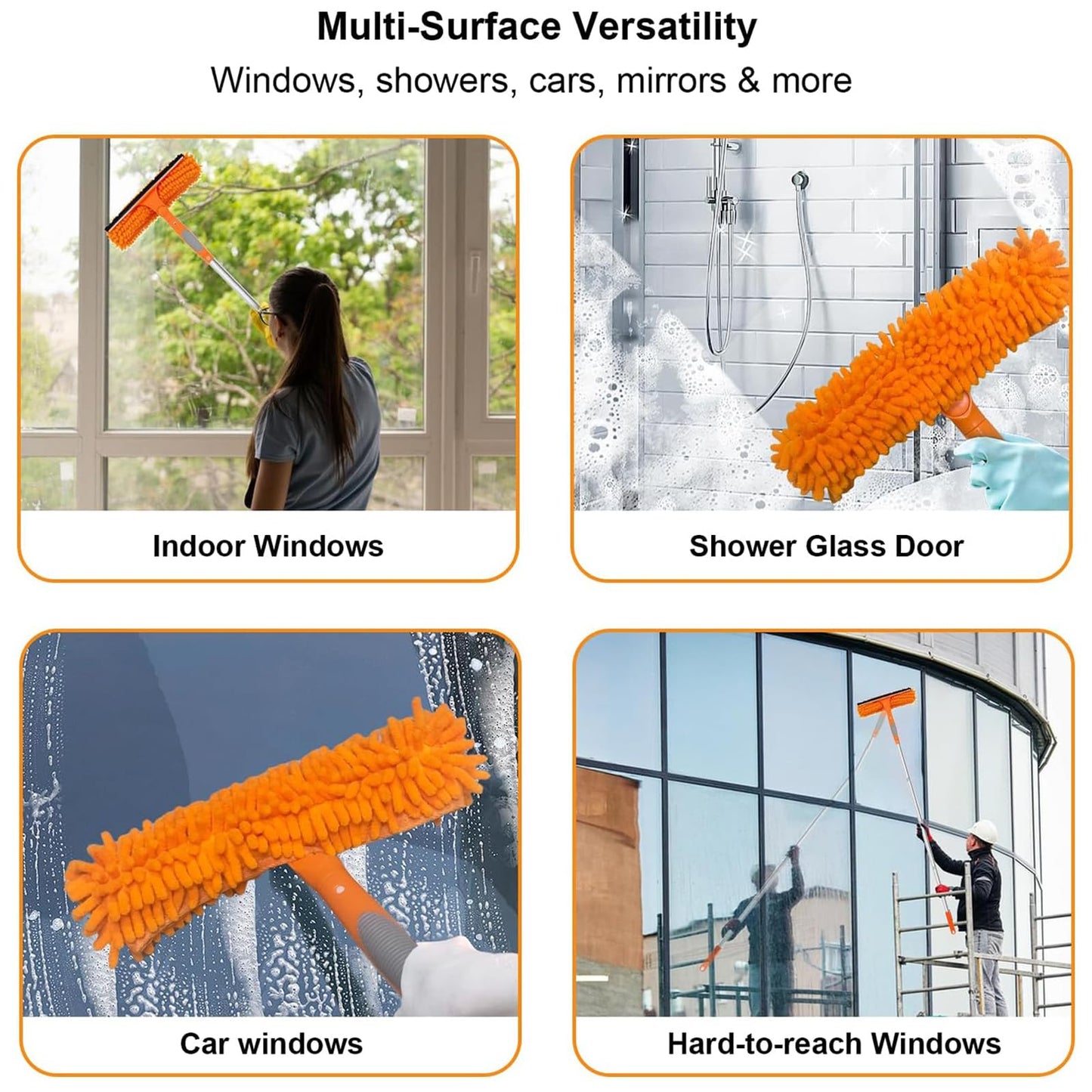2 in 1 Window Cleaning Tools Squeegee, Double-Sided Professional Cleaner Rotatable Window Kit with Long Handle Pole 20+ Ft, Chenille Microfiber Duster Pads Scrubber for Indoor Outdoor High Glass