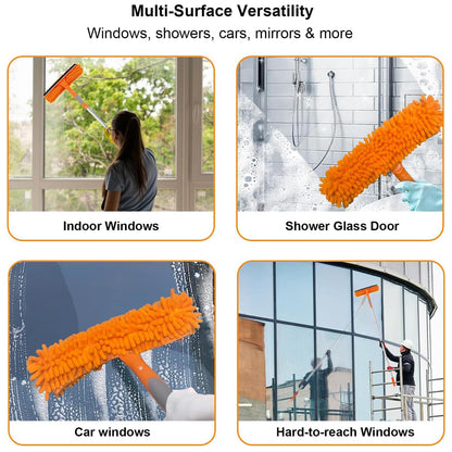 2 in 1 Window Cleaning Tools Squeegee, Double-Sided Professional Cleaner Rotatable Window Kit with Long Handle Pole 20+ Ft, Chenille Microfiber Duster Pads Scrubber for Indoor Outdoor High Glass