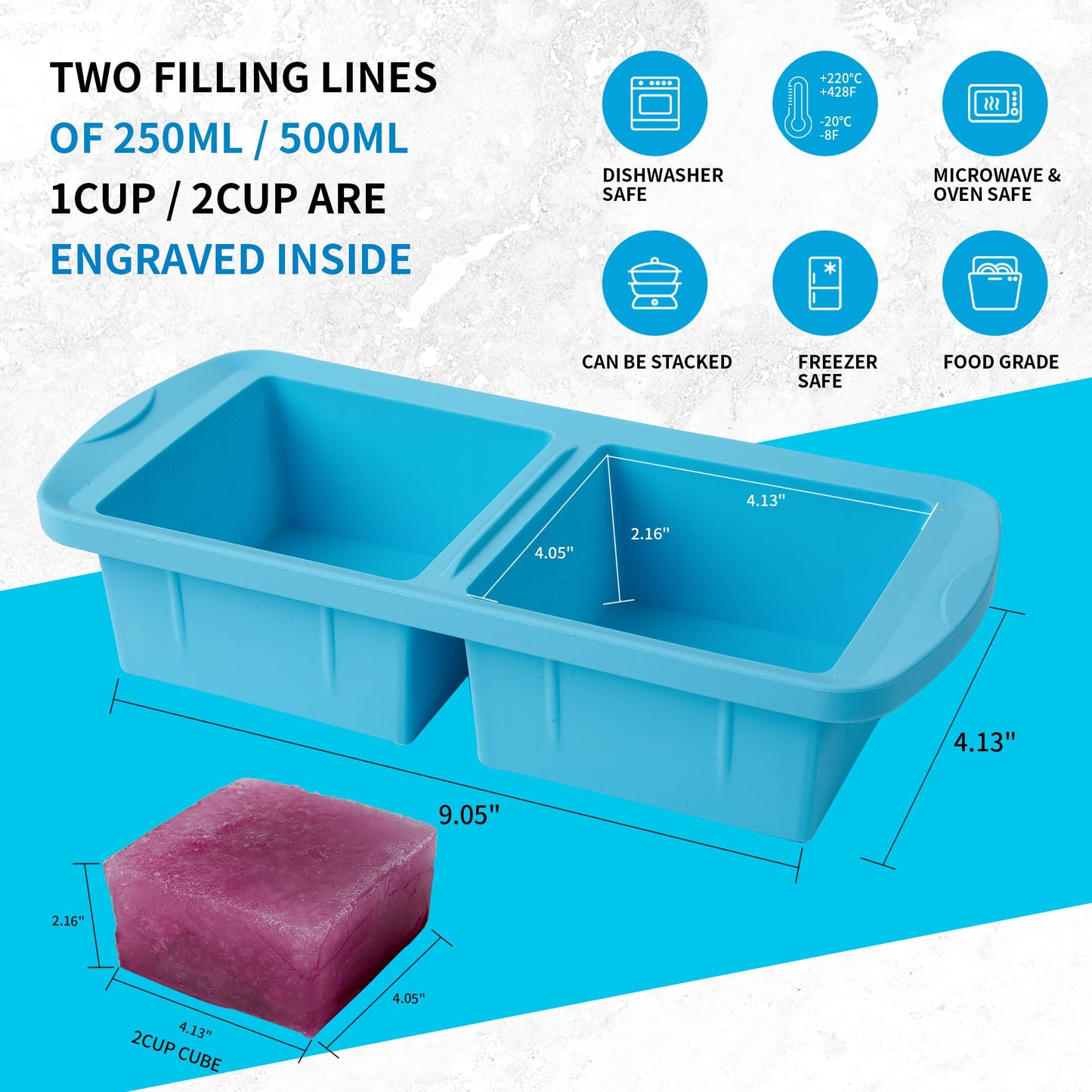 WENQING Silicone Freezer Tray with Lid 2 Pack Silicone Freezer Molds - Large Ice Cube Tray - Makes 4 Perfect 2 Cup Portions Soup Cubes Meal Prep Containers- Oven & Dishwasher Safe