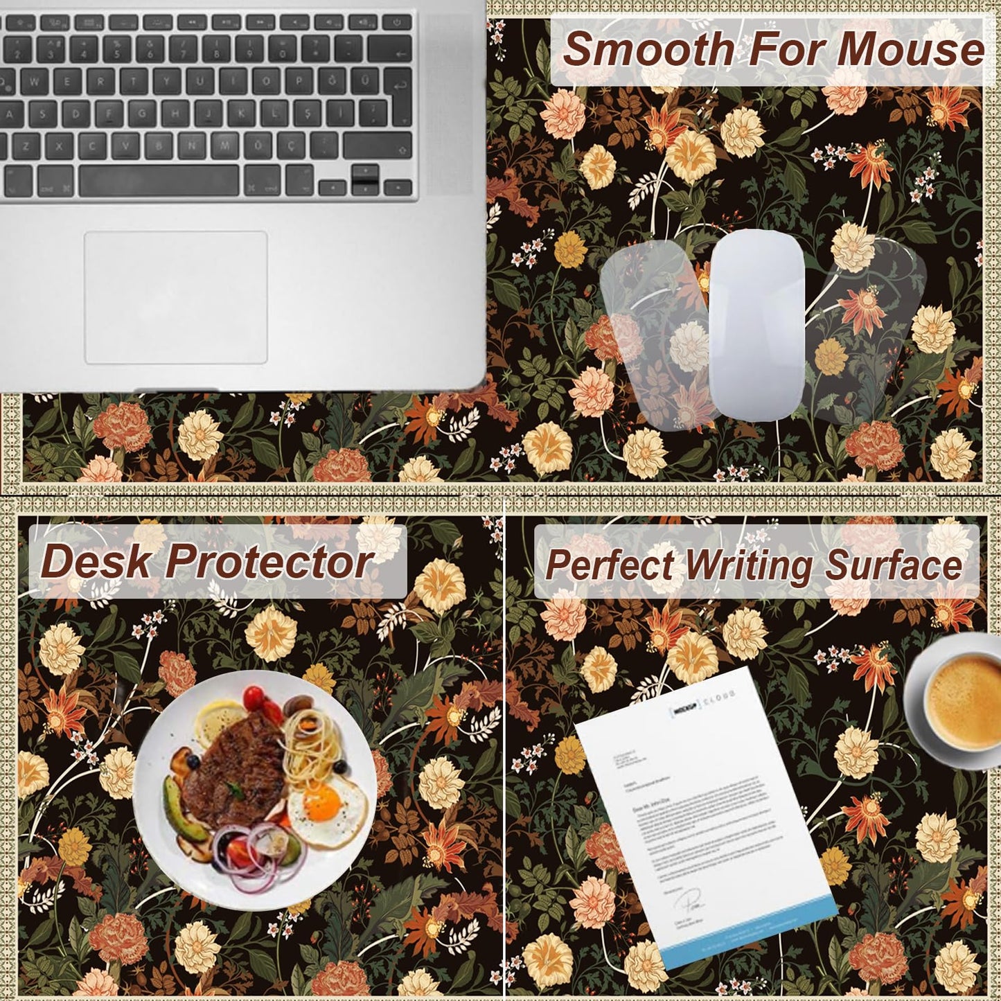 Desk Pad, ZAXOXAZ PU Leather Desk Pad Protector, 31.5" x 15.7" XXL Large Extended Flowers Mouse Pad, Big Desk Mat Floral Desk Blotter, Waterproof Desk Writing Pad for Office and Home