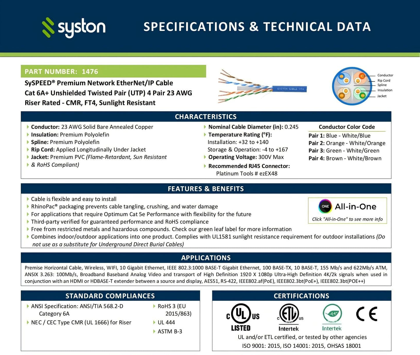 SYSTON CAT 6A+ Ethernet Network Cable Bulk Without RJ45 Ends - 700 MHz 23 AWG UTP Solid Bare Copper Wire CMR/Riser-Rated for IP PoE LAN Application Use, Indoor/Outdoor UV Resistant - Blue, 15m