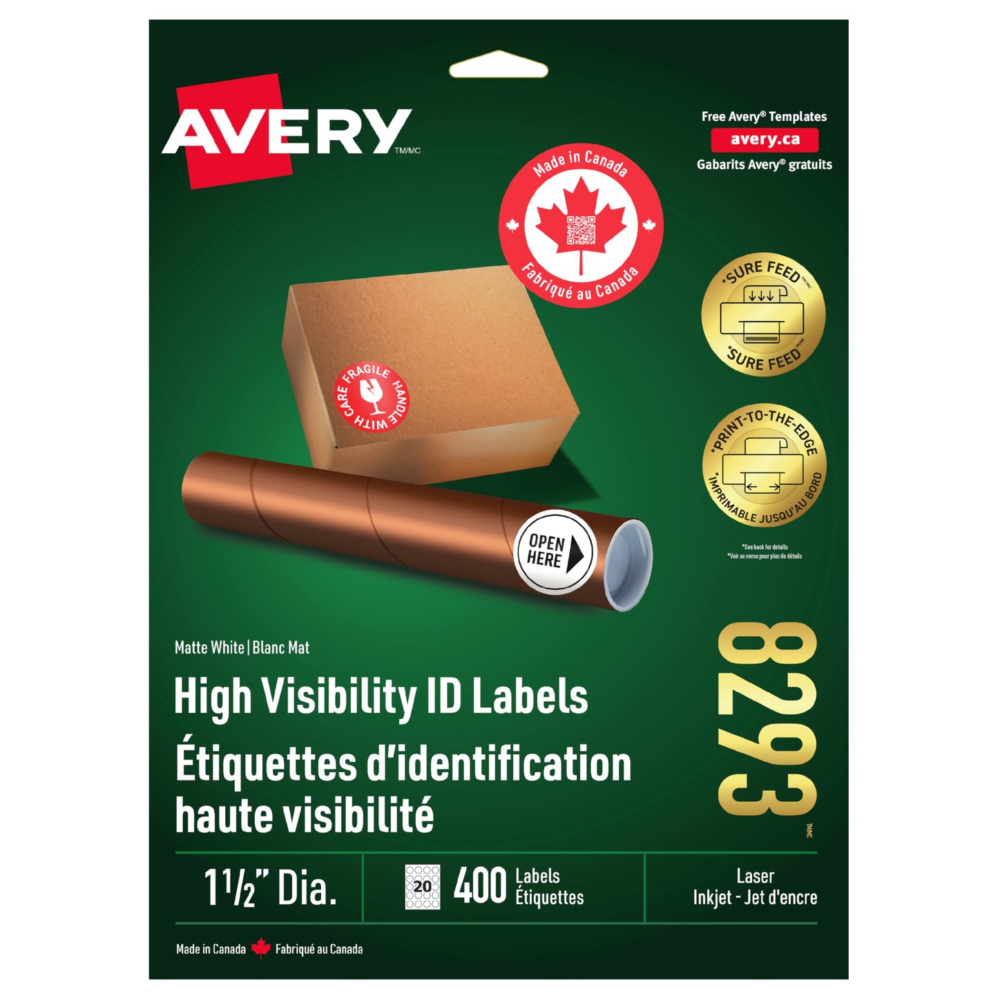 Avery High Visibility Labels with Surefeed Technology, Print to The Edge 1.5" Dia. White Round Permanent Labels, for Laser/Inkjet Printers, 400 Labels, (8293), Made in Canada