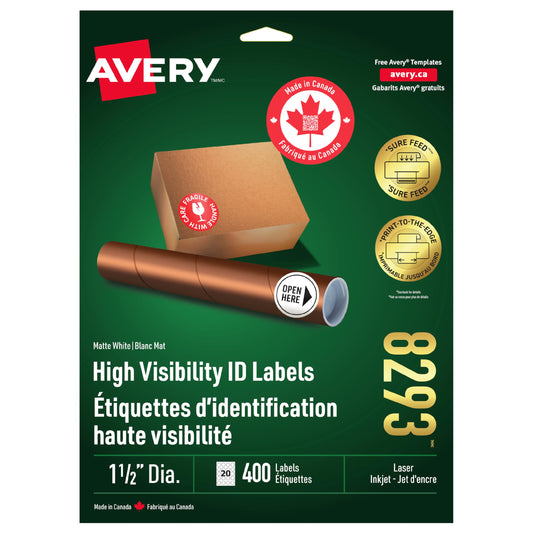 Avery High Visibility Labels with Surefeed Technology, Print to The Edge 1.5" Dia. White Round Permanent Labels, for Laser/Inkjet Printers, 400 Labels, (8293), Made in Canada