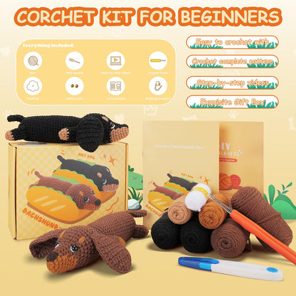 Crochet Kit for Beginners - 2 PCS Dachshund Crochet Kits with Step-by-Step Video Tutorials, Beginner Crochet Kit for Adults, Crochet Animal Kit for Kids, Dog Crocheting Set (Brown & Black)