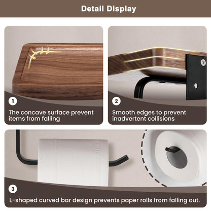 AISHEDYER Toilet Paper Holder with Shelf - Wall Mount & Self-Adhesive Bathroom Tissue Roll Holder, Black Stainless Steel with Walnut Shelf for Phone - Home Apartment Hotel Restroom Decor Essentials