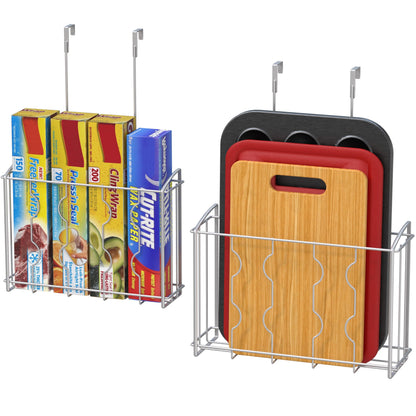 Simple Houseware 2-Pack Over the Door Cabinet Organizer, Wall Mount Wire Basket Rack for Foil, Plastic Wrap, Cutting Boards, and Cupboard Storage, Silver