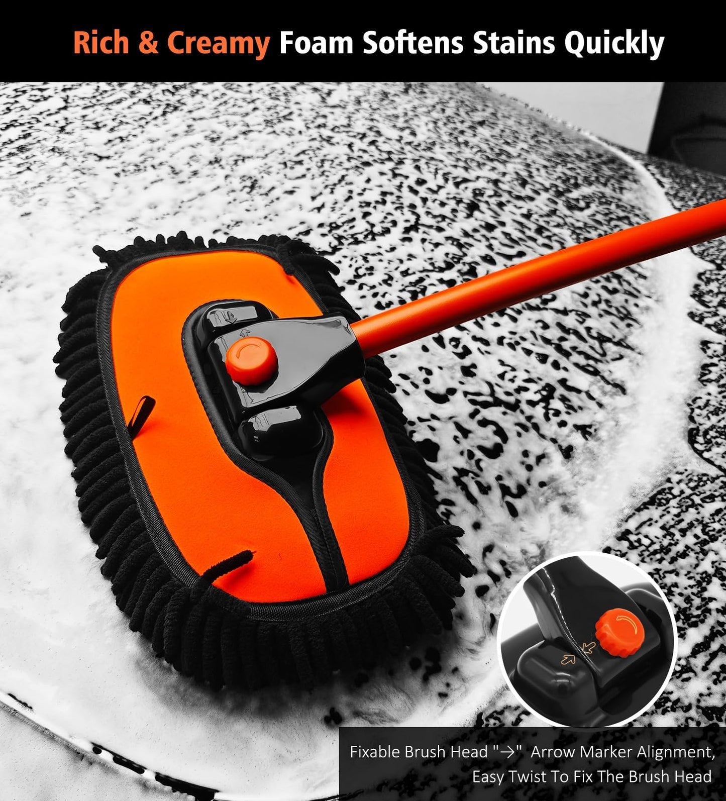 YeewayVeh 140cm 55" Car Wash Brush Mop with Long Handle, 15 Degree Curved Extendable Car Wash Brush with Extra Microfiber Mop Head, Soft Washing Brushes with Storage Bag for Truck SUV Cleaning,Orange