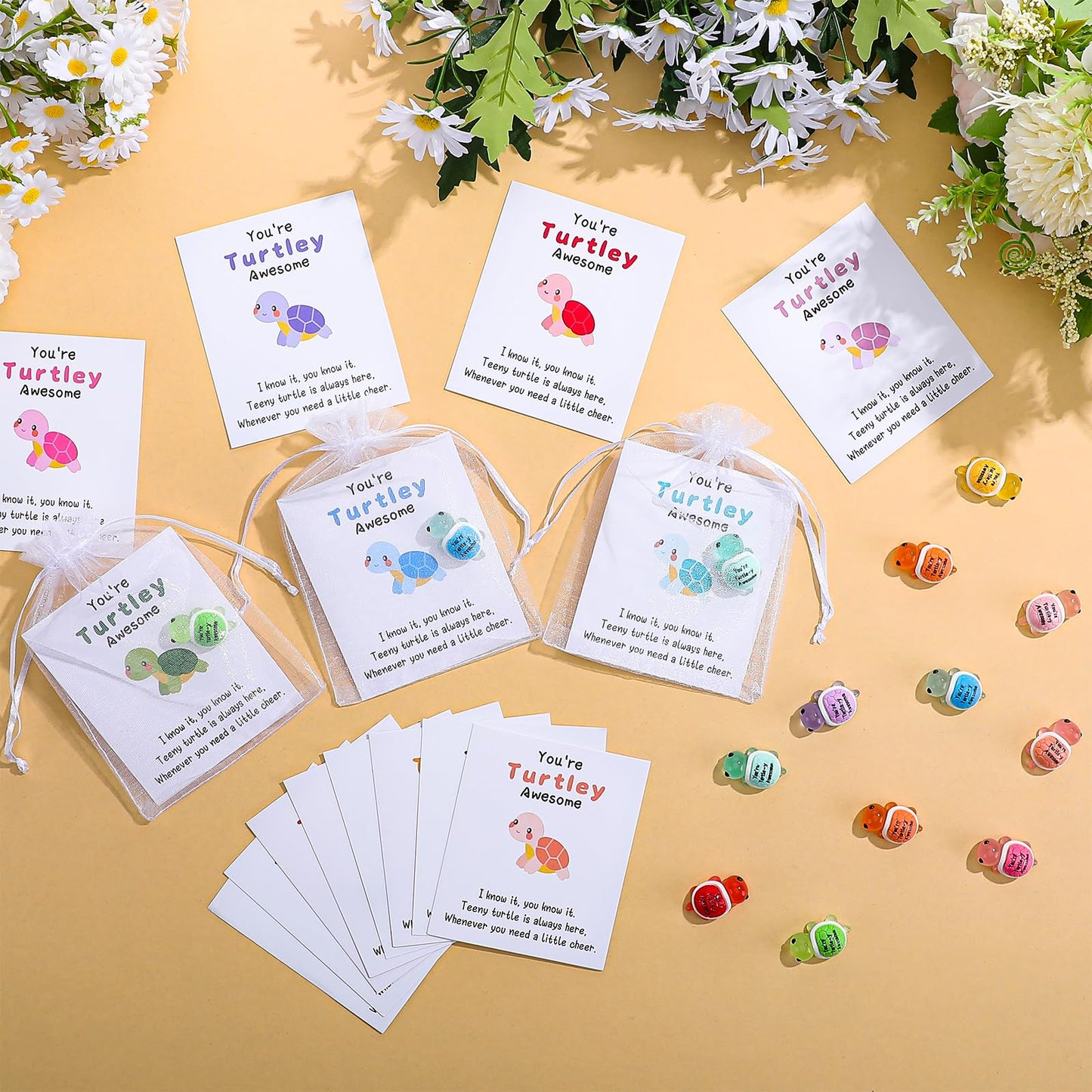 50 Sets Inspirational Gift Include You're Turtley Awesome Engraved Mini Resin Turtles Pun Thank You Cards Organza Bags Employees Appreciation Gift for Coworkers Staff Team Teacher Office