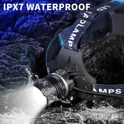 Rechargeable LED Headlamp 990000LM, Brightest Headlight with Motion Sensor, Zoomable, 9 Modes, IPX7 Waterproof, 125° Adjustable Powerful Hardhat Headlamps for Outdoor Camping, Cycling