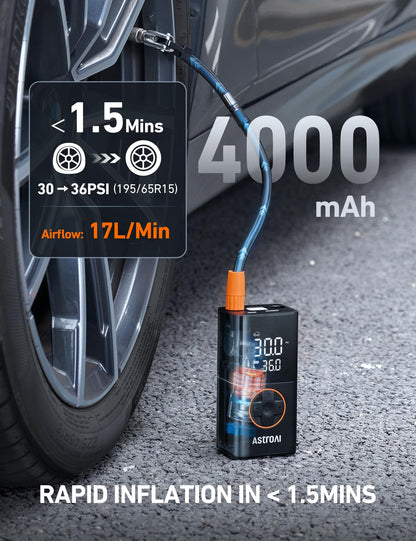 AstroAI L7 Tire Inflator Portable Air Compressor Cordless Mini Bike Pump with Digital Dual Values Display, 150 PSI Car Tires Air Pump with LED Lights&Pressure Gauge for Auto, Motorcycles, Bikes, Balls