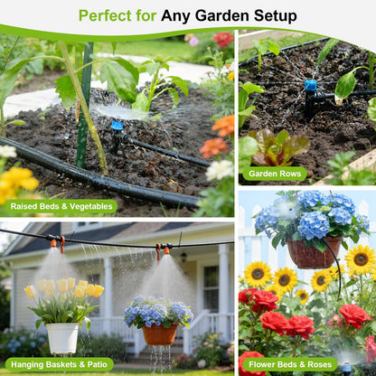 100FT Quick-Connect Drip Irrigation Kit, Automatic Garden Watering System with 1/2" & 1/4", 3 Adjustable Sprayers (Vortex, Stream, Mist), Barbed Tees for Raised Beds, Greenhouse, Patio, Potted Plants