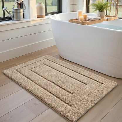 DEXI Bath Mat Non Slip, 20x32 Absorbent Microfiber Soft Bathroom Rug, Machine Washable Carpet for Shower Floor Bathmat Decor, Beige