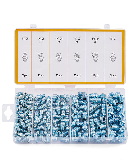 ZELCAN 150pc SAE Hydraulic Grease Fitting Kit: 1/4" 1/8" Straight 45 90 Degree Angled Zerk Assortment, Galvanized Steel Set for Replacing Missing or Broken Fittings