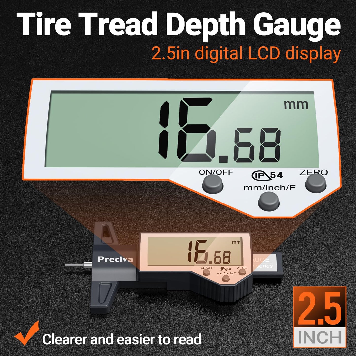 Preciva Tire Tread Depth Gauge & Brake Lining Gauge Set, with Large LCD Display and Inches, Millimeters, Fraction Conversion, for Tread, Brake Shoe and Pad Wear