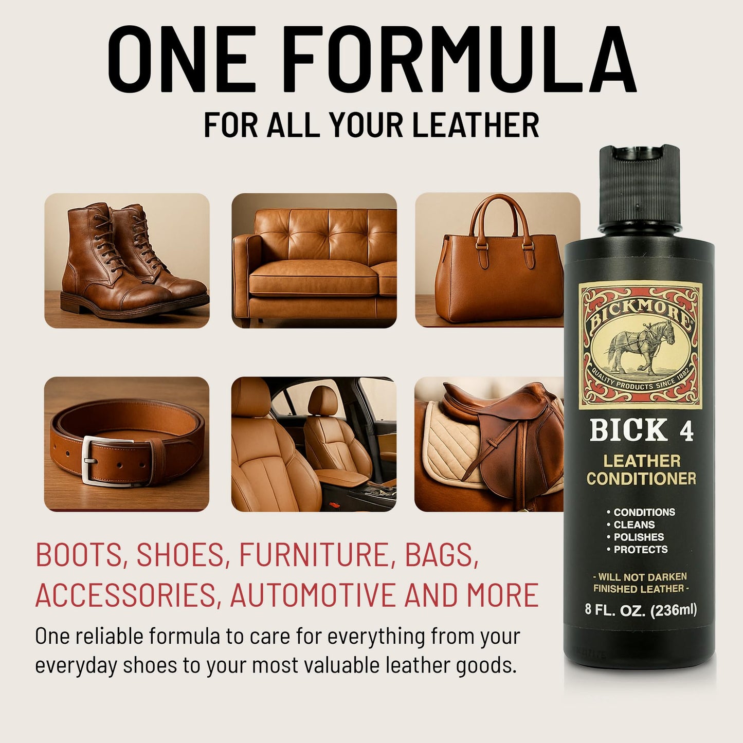 Bickmore Bick 4 Leather Conditioner 8 oz - Best Since 1882 - Cleaner & Conditioner - Restore Polish & Protect All Smooth Finished Leathers