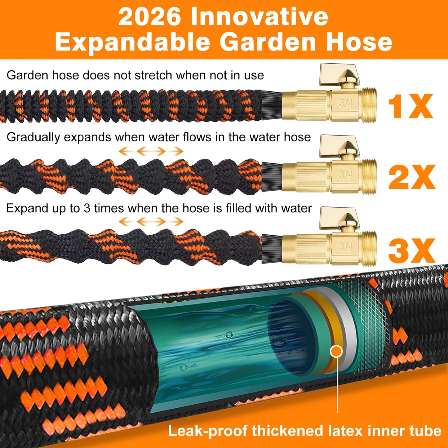 50FT Expandable Garden Hose with 10 Function Spray Nozzle,Flexible Lightweight Water Hose with 3/4”Solid Brass Fittings, Durable 4-Layers Latex,Expanding Retractable Gardening Pipe for Outdoor